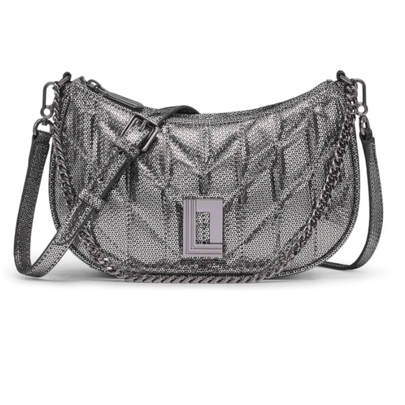 NWOT Karl Lagerfeld Lafayette Shoulder‎ Bag Sequns 100% Goat Leather Grey - Picture 1 of 16